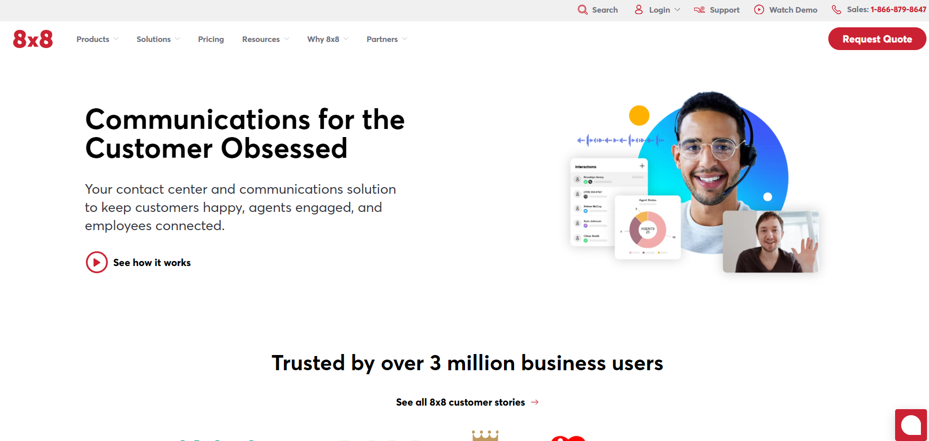 Página inicial do 8x8 - solução de help desk centrada no cliente