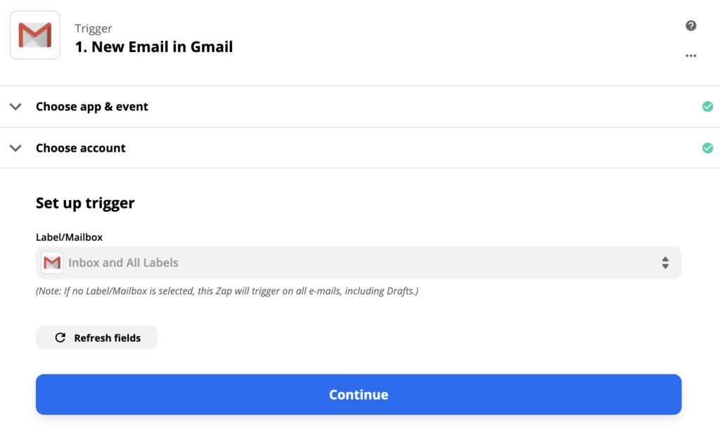 Configuração do ativador do Gmail no Zapier