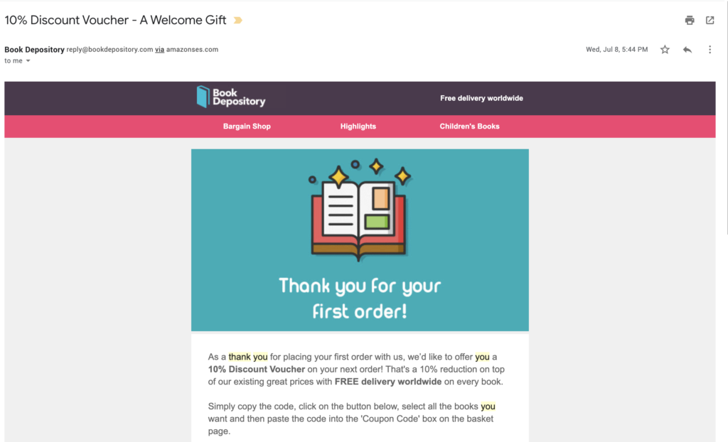 modelo de e-mail de agradecimento ao cliente da book depository