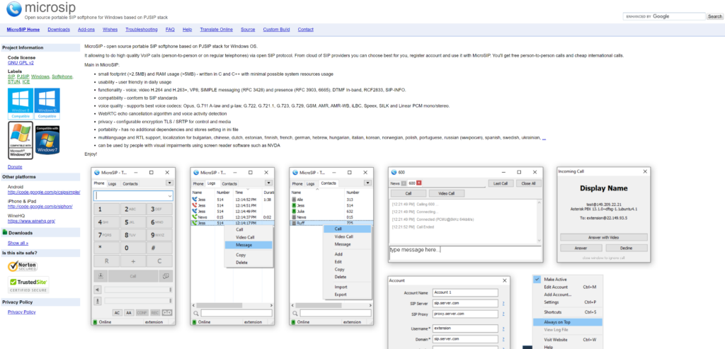 Uma imagem mostrando a página inicial do MicroSIP.