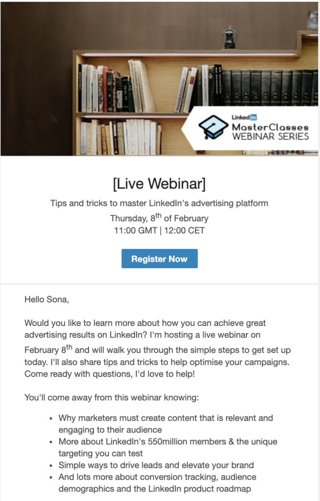 Modelo de e-mail para uma prévia do webinar no LinkedIn