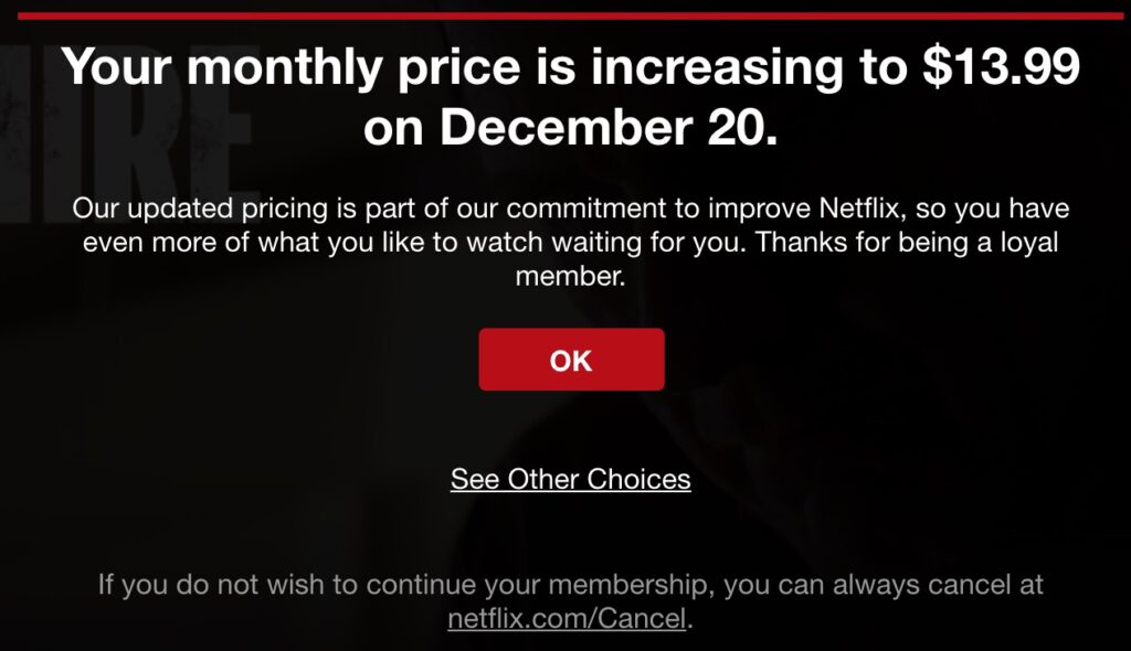 modelo de e-mail de aumento de preços da netflix