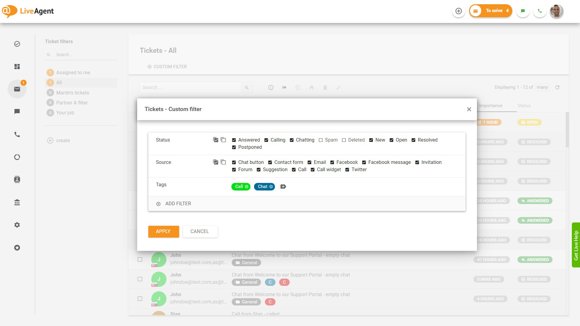 Recurso de filtragem de tickets por tags no LiveAgent