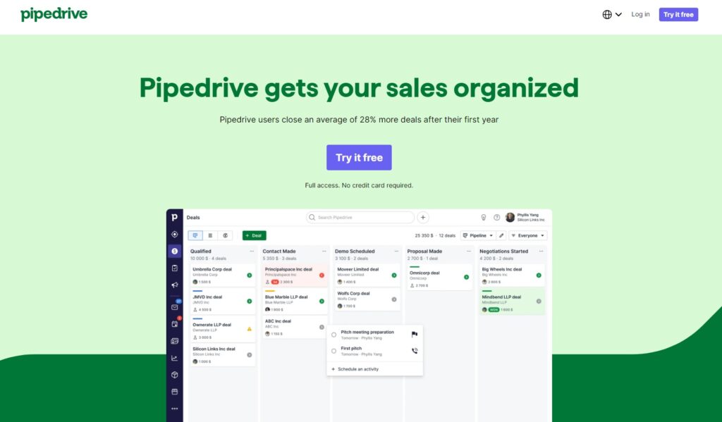 Página inicial do software de atendimento ao cliente do Pipedrive