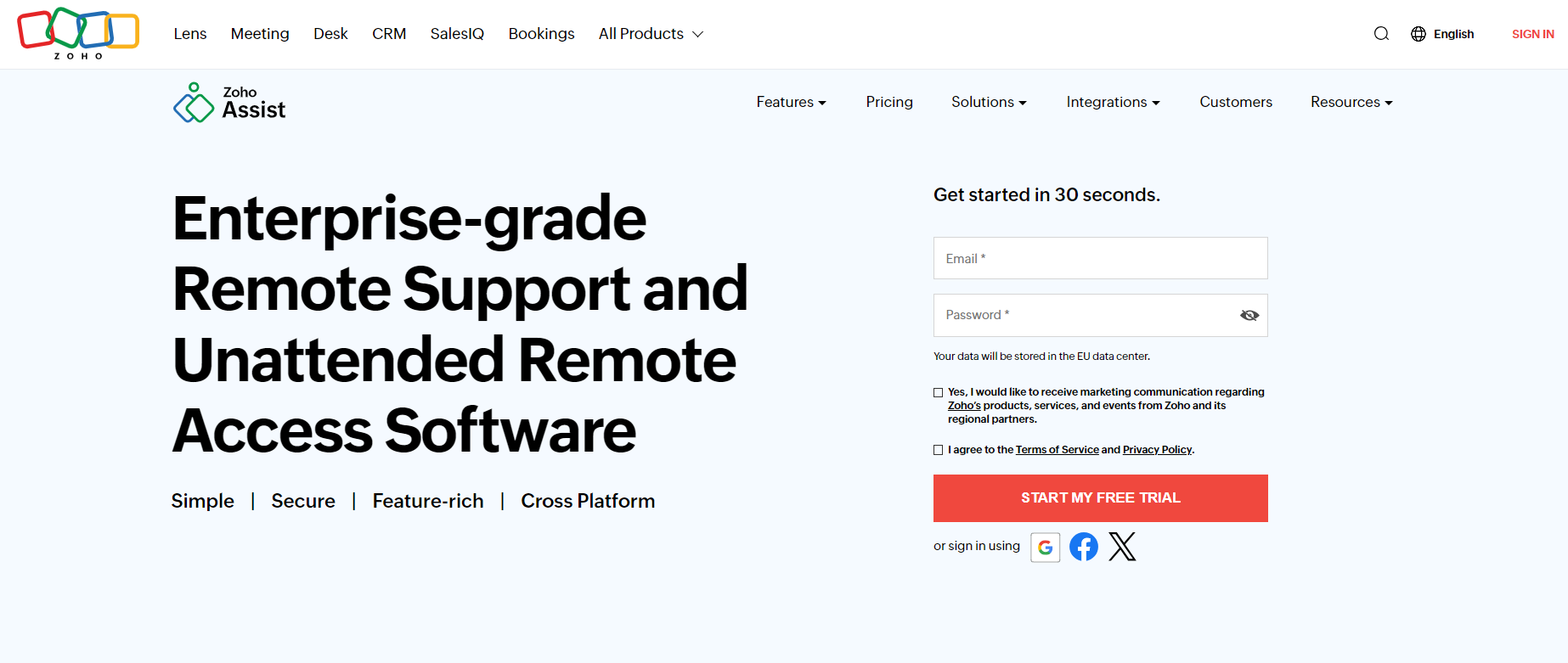 Página inicial do Zoho Assist - software robusto de help desk remoto