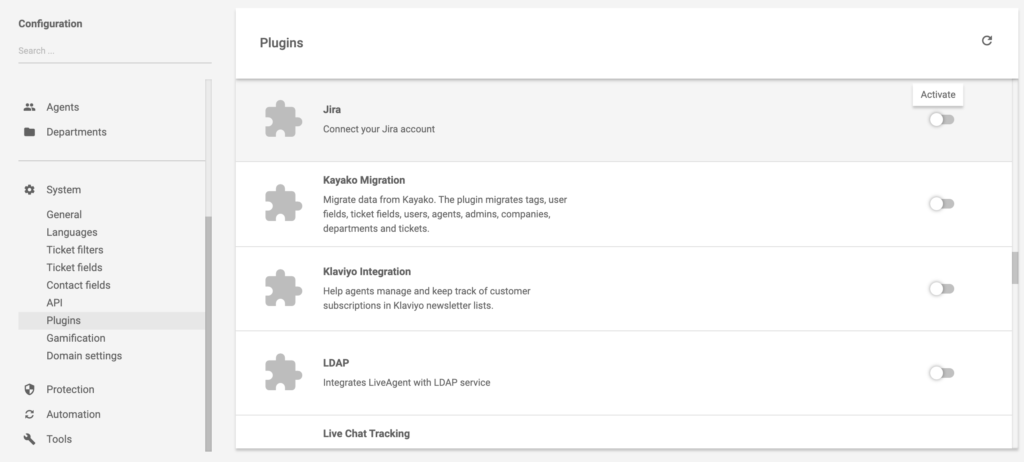 Onde encontrar o plugin Jira nas configurações do LiveAgent