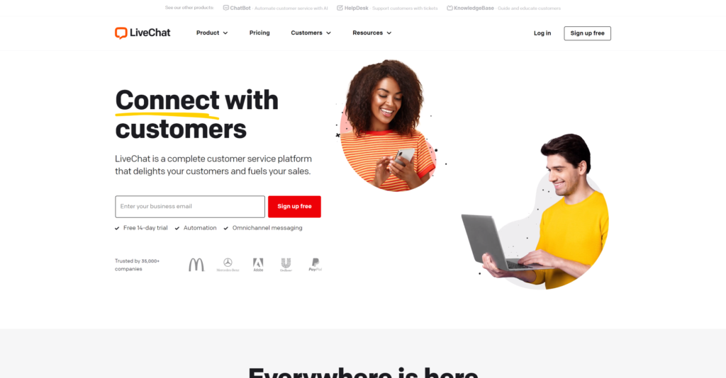 Página inicial do Livechat - Solução de suporte em tempo real como alternativa ao Hubspot CRM
