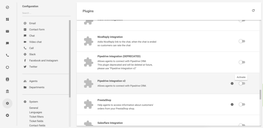 Integração PipeDrive v2 na seção do plugin LiveAgent