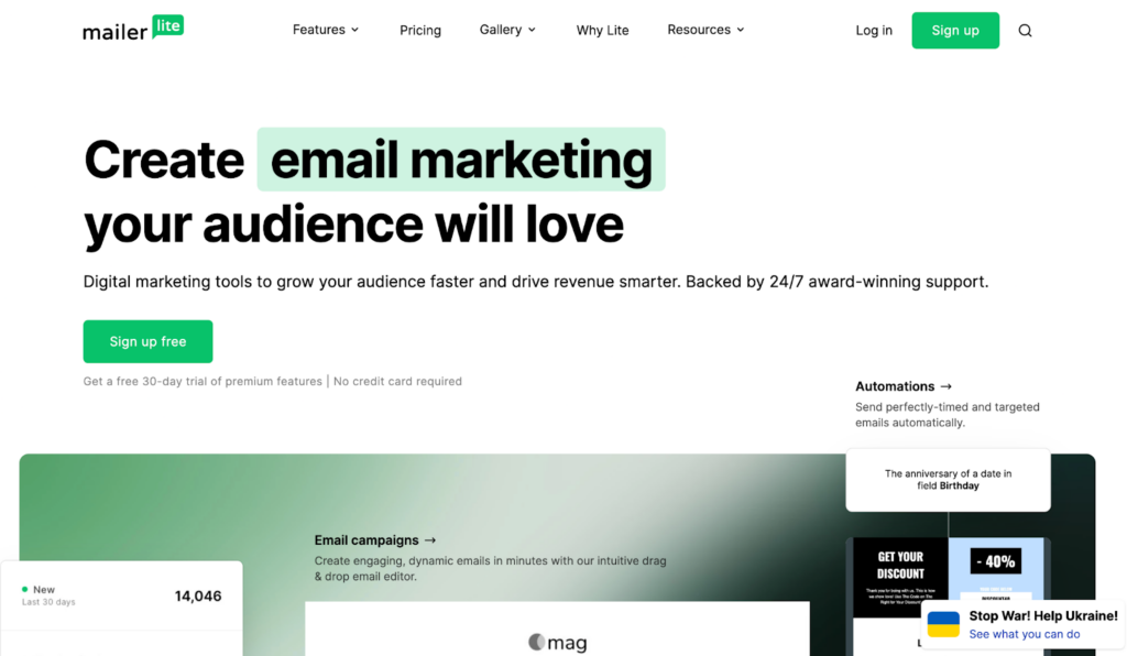 Página inicial do Mailerlite, um sistema de gerenciamento de e-mails fácil de usar.