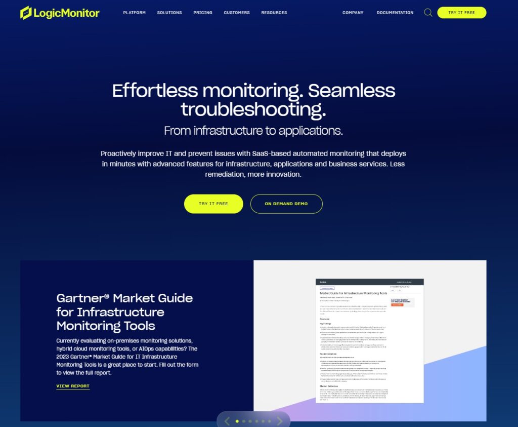 Página inicial do LogicMonitor, um concorrente da Solarwinds para monitoramento de infraestrutura