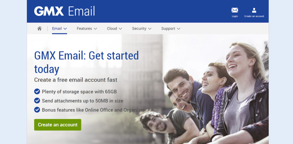 Página inicial do E-mail GMX - uma alternativa versátil ao Gmail com grande armazenamento