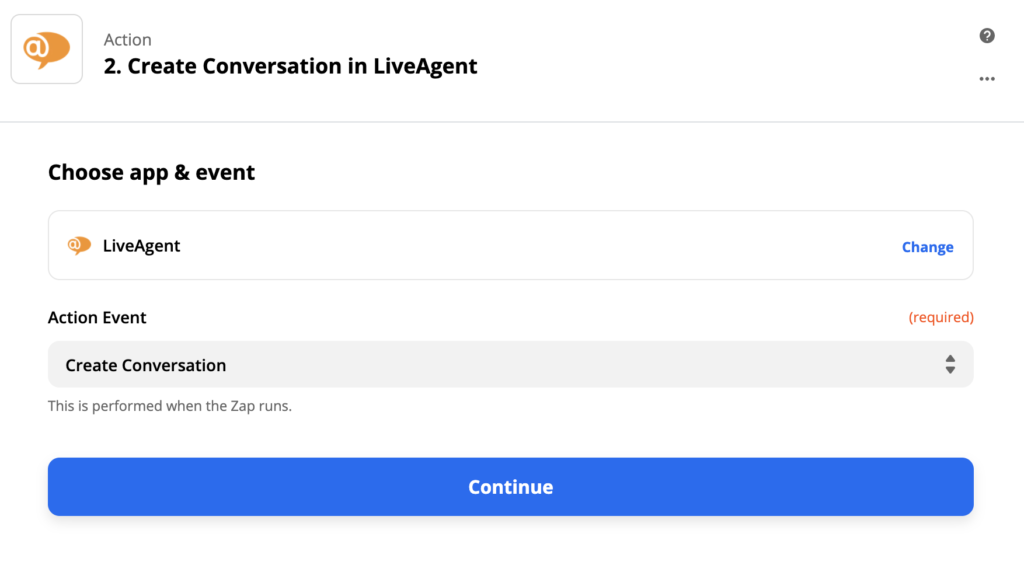 Configuração de ação do LiveAgent no Zapier