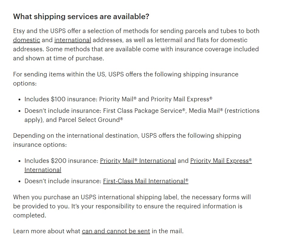 Serviços de envio disponíveis no Etsy