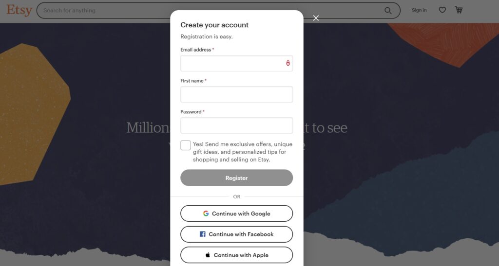 Registro de loja no Etsy