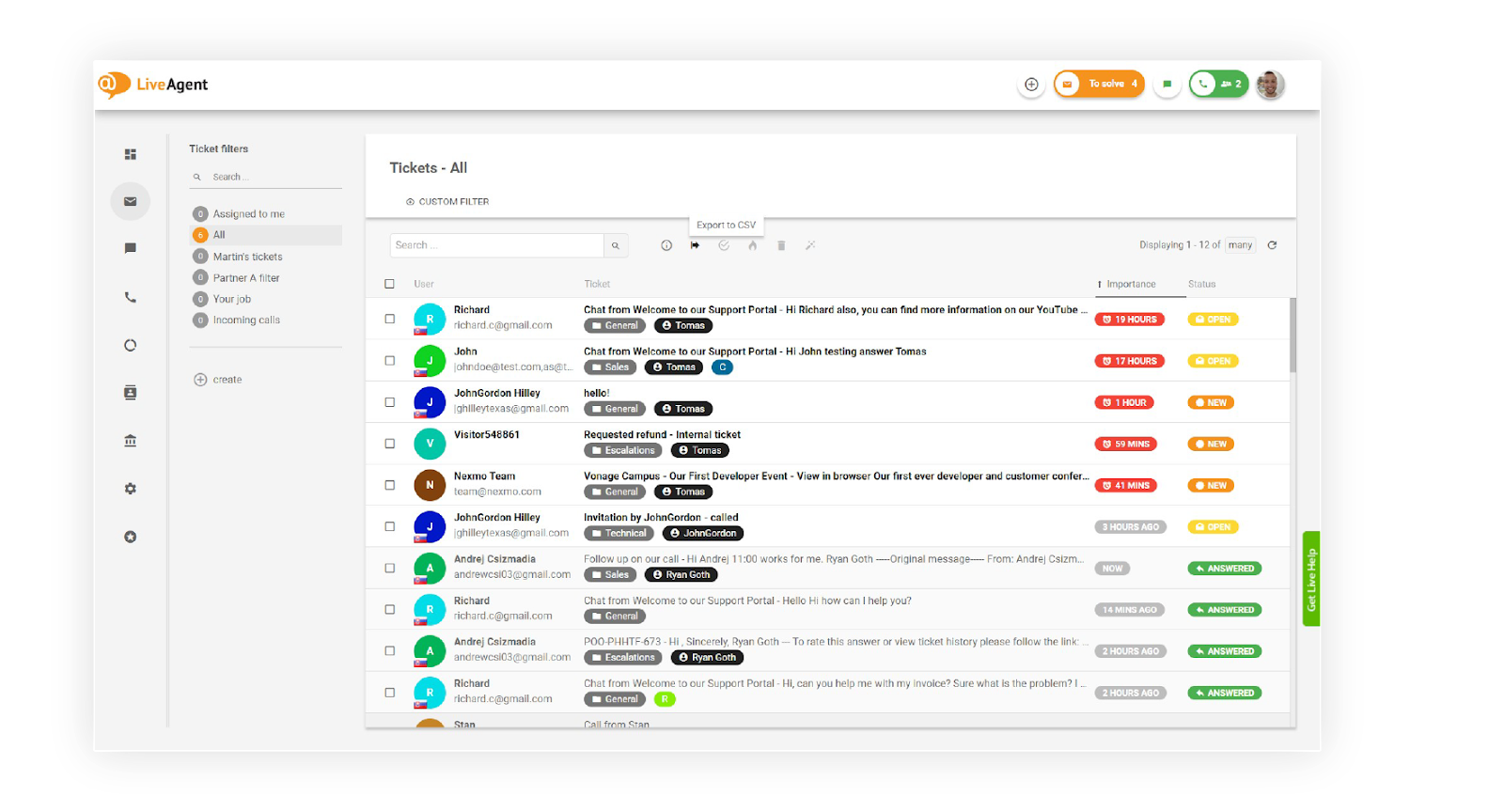 Recurso de Caixa de Entrada Universal do LiveAgent, juntando todas as solicitações de clientes em uma caixa de entrada conveniente