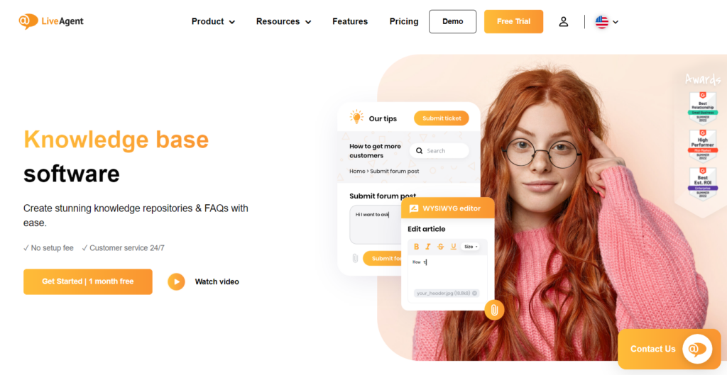 A página inicial envolvente do LiveAgent destacando sua ferramenta de base de conhecimentos.